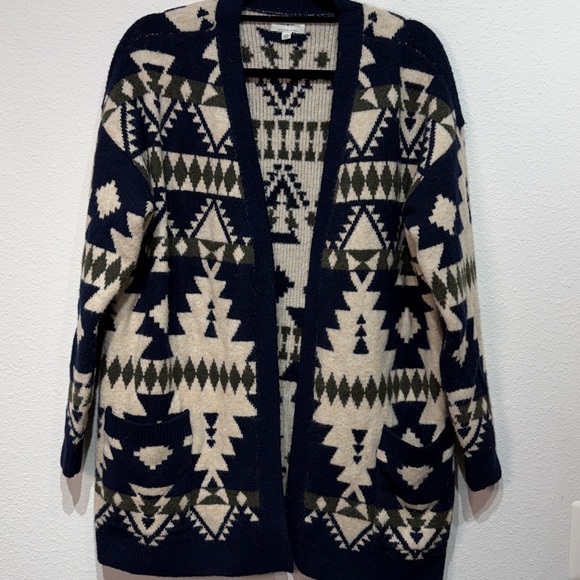 Lucky Brand Beige and Navy Open-Front Aztec Cardigan Sweater size Large - Picture 4 of 8
